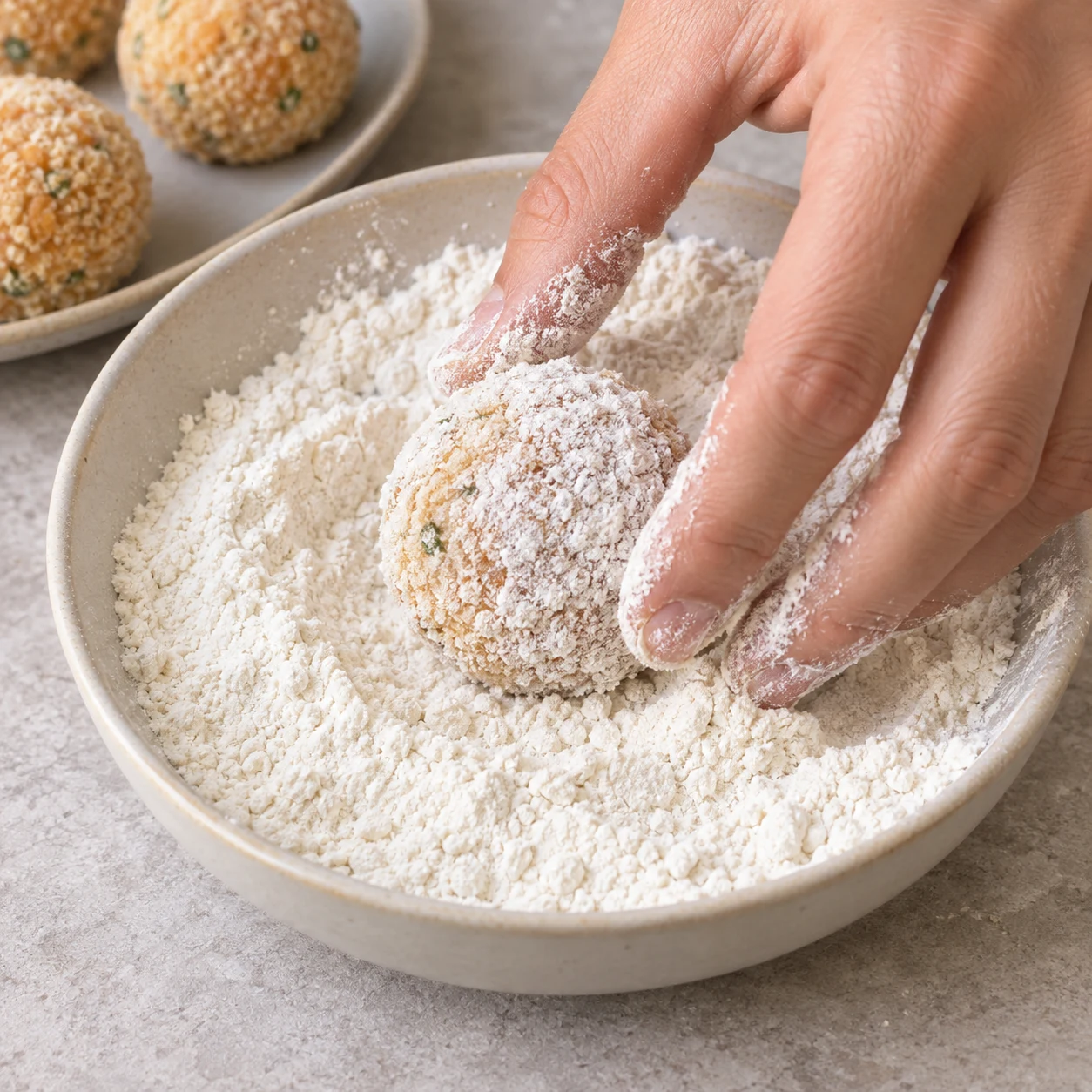 Une photographie carrée de cette seule action : Repasse les croquettes dans la farine de panure réservée. Résultat attendu : Les croquettes panées portent une nouvelle pellicule de farine. Seulement les ingrédients de cette étape. Aucun ingrédient futur ni garniture ajoutée, aucun texte ni personne identifiable. Mains adultes anonymes seulement pour le geste. Le cœur adapté est crémeux légèrement jaune, sans persillage bleu.
