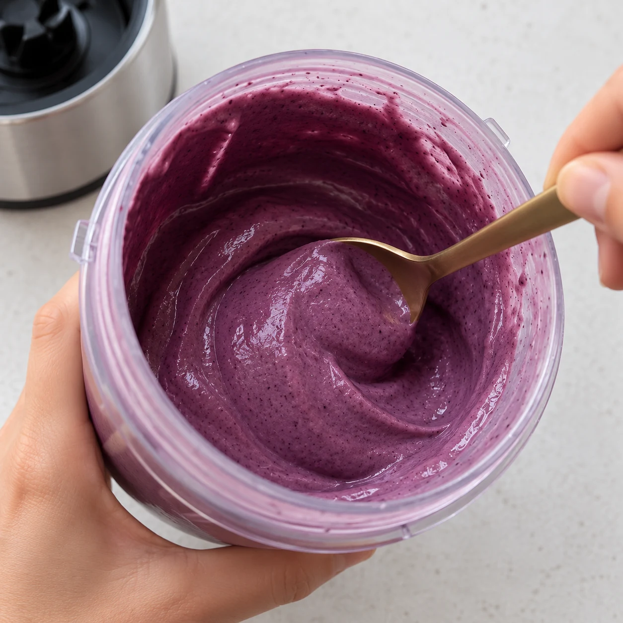 La crème est lisse, épaisse et sans morceaux de fruit visibles.
