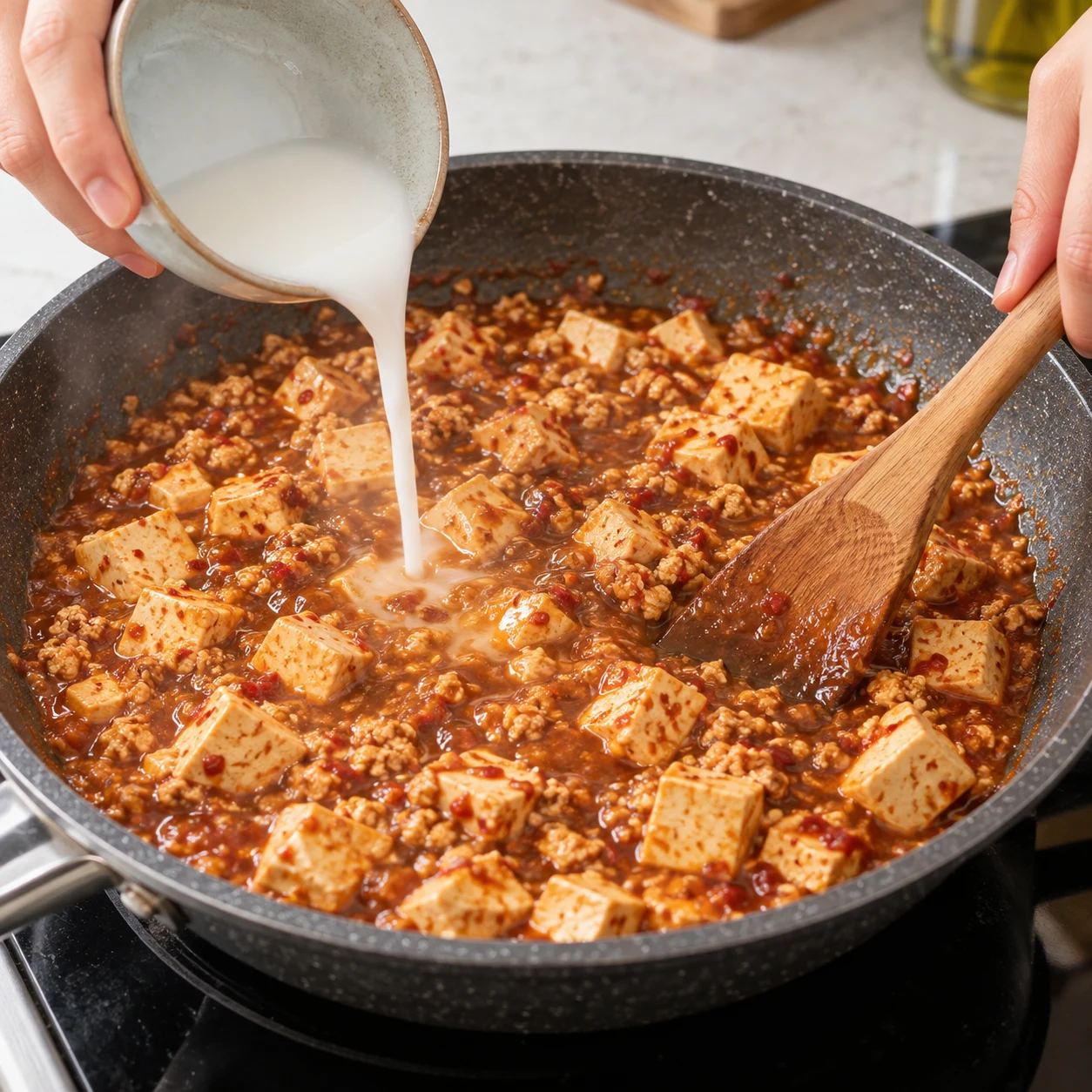 Mélange blanc de fécule versé dans poêle mapo, spatule douce.