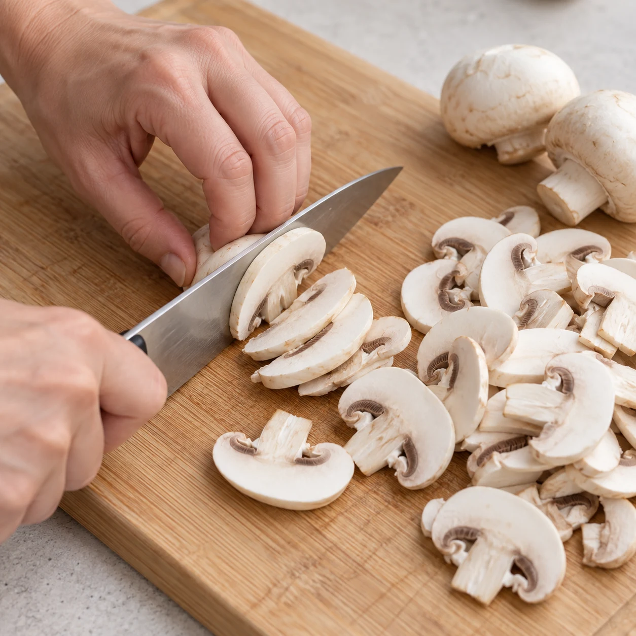 Champignons de Paris blancs tranchés avec un couteau sur une planche.