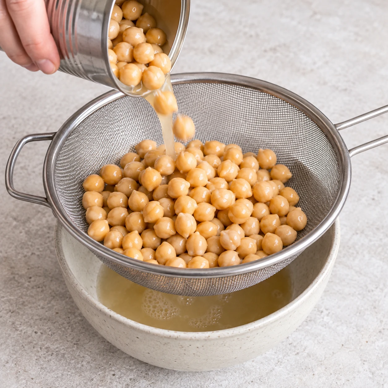 Pois chiches cuits dans une passoire au-dessus d’un bol ; geste sourcé par la recette d’origine.
