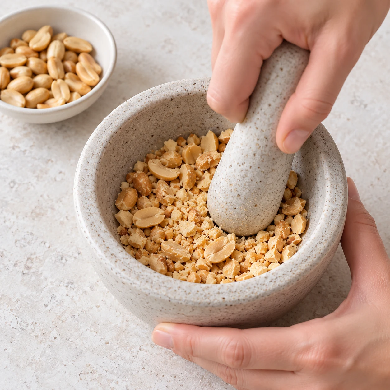 Concassez les 40 g de cacahuètes en petits morceaux. Une seule phase, texture fidèle à la recette d’origine, plan de travail pierre pâle et vaisselle neutre ; mains anonymes seulement.
