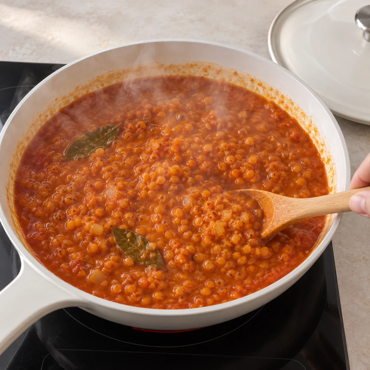 Poêle blanche de lentilles corail qui frémissent dans une sauce tomate épicée orangée, vapeur qui s'échappe, couvercle posé à côté.