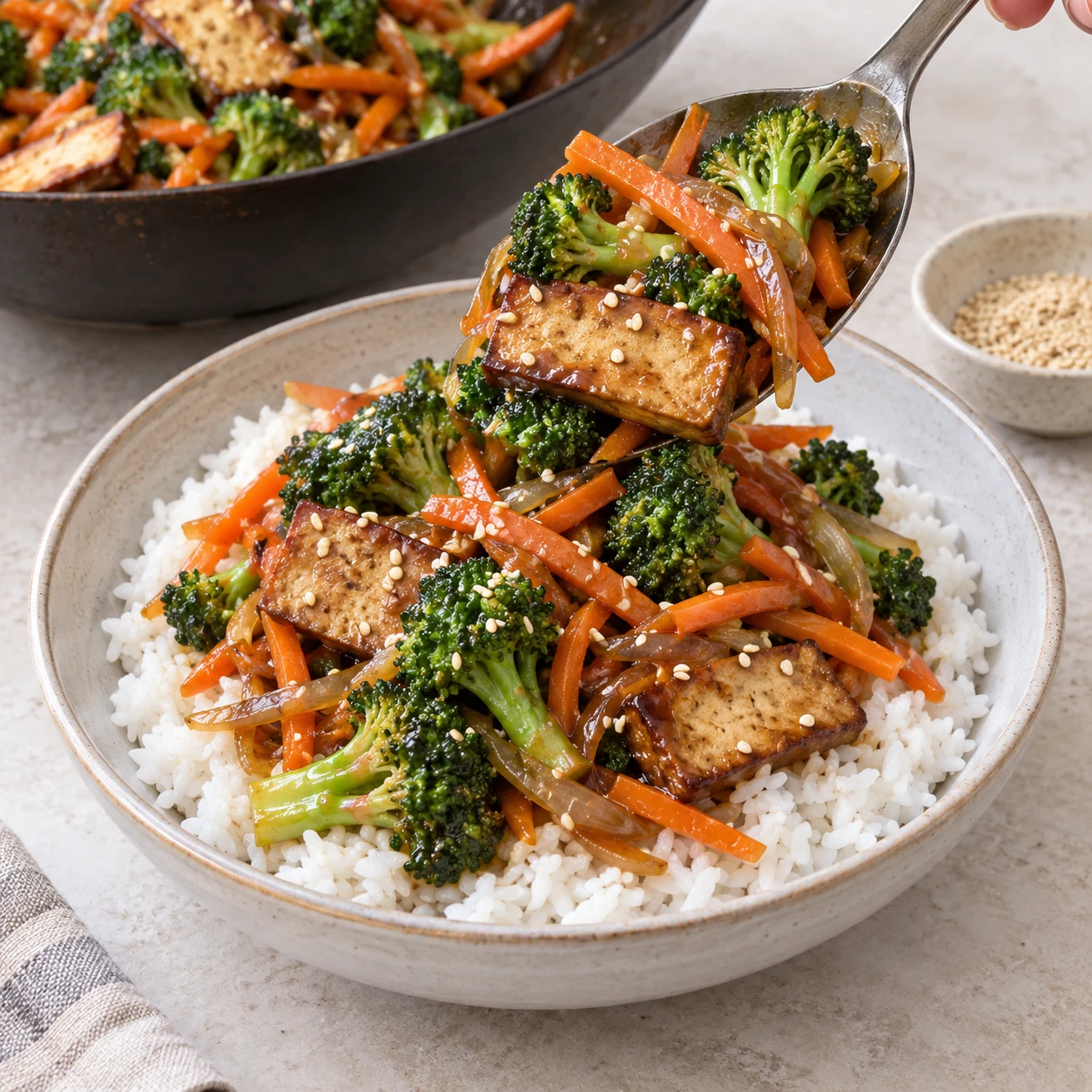 Servez le tofu et les légumes avec du riz et un peu de sésame.