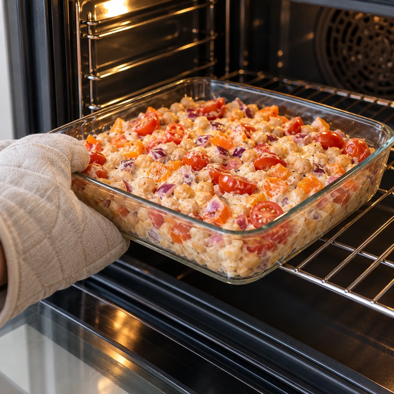 Enfournez le plat à 180 °C. Les 20 minutes de la recette d’origine servent de repère de départ pour cette adaptation : les pois chiches sont déjà cuits, mais les légumes doivent devenir tendres. Poursuivez seulement s’ils sont encore fermes, sans laisser sécher la garniture. Montrer uniquement la phase décrite et la variante végane aux pois chiches.