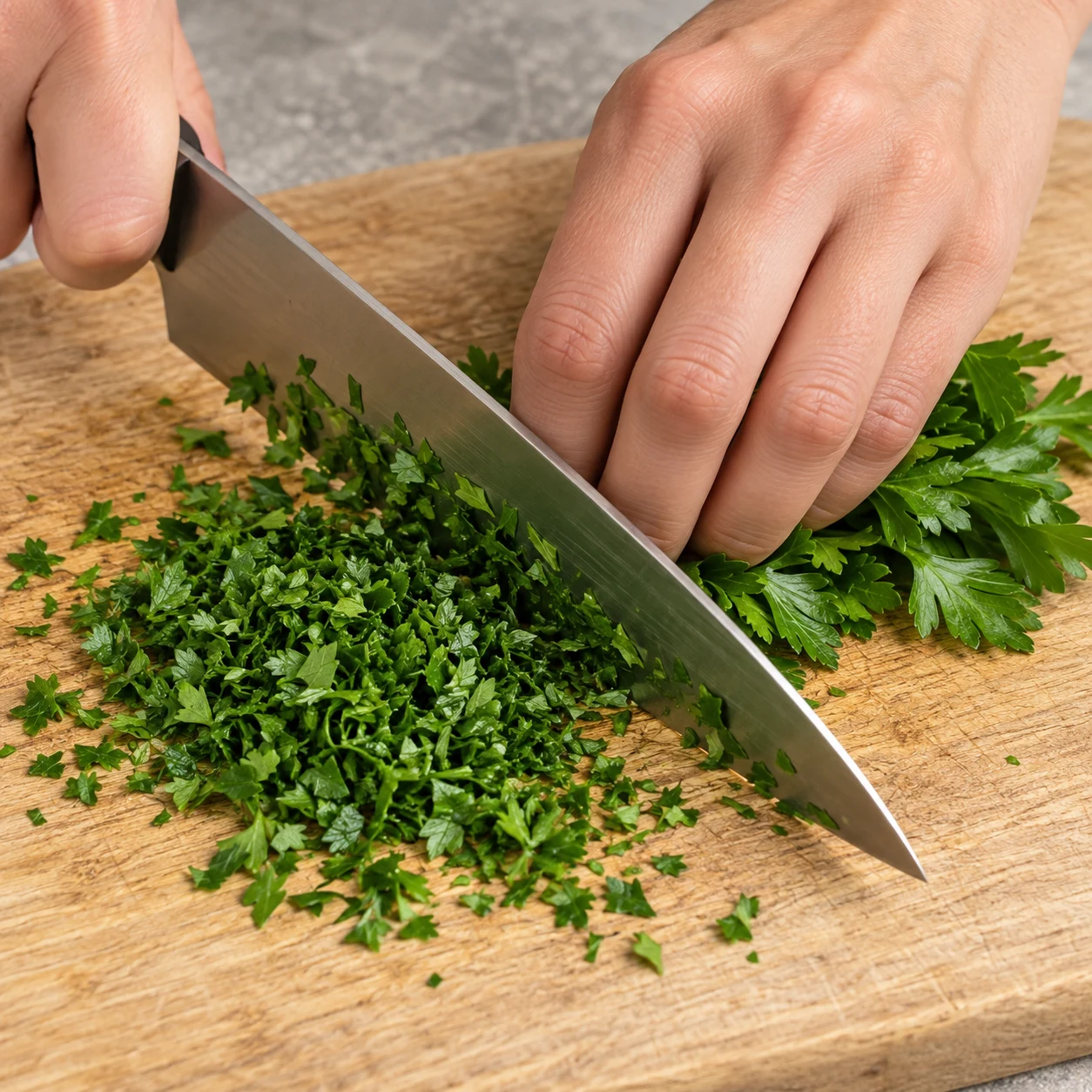 Hachage de feuilles de persil frais, petits morceaux verts uniquement, main en griffe.