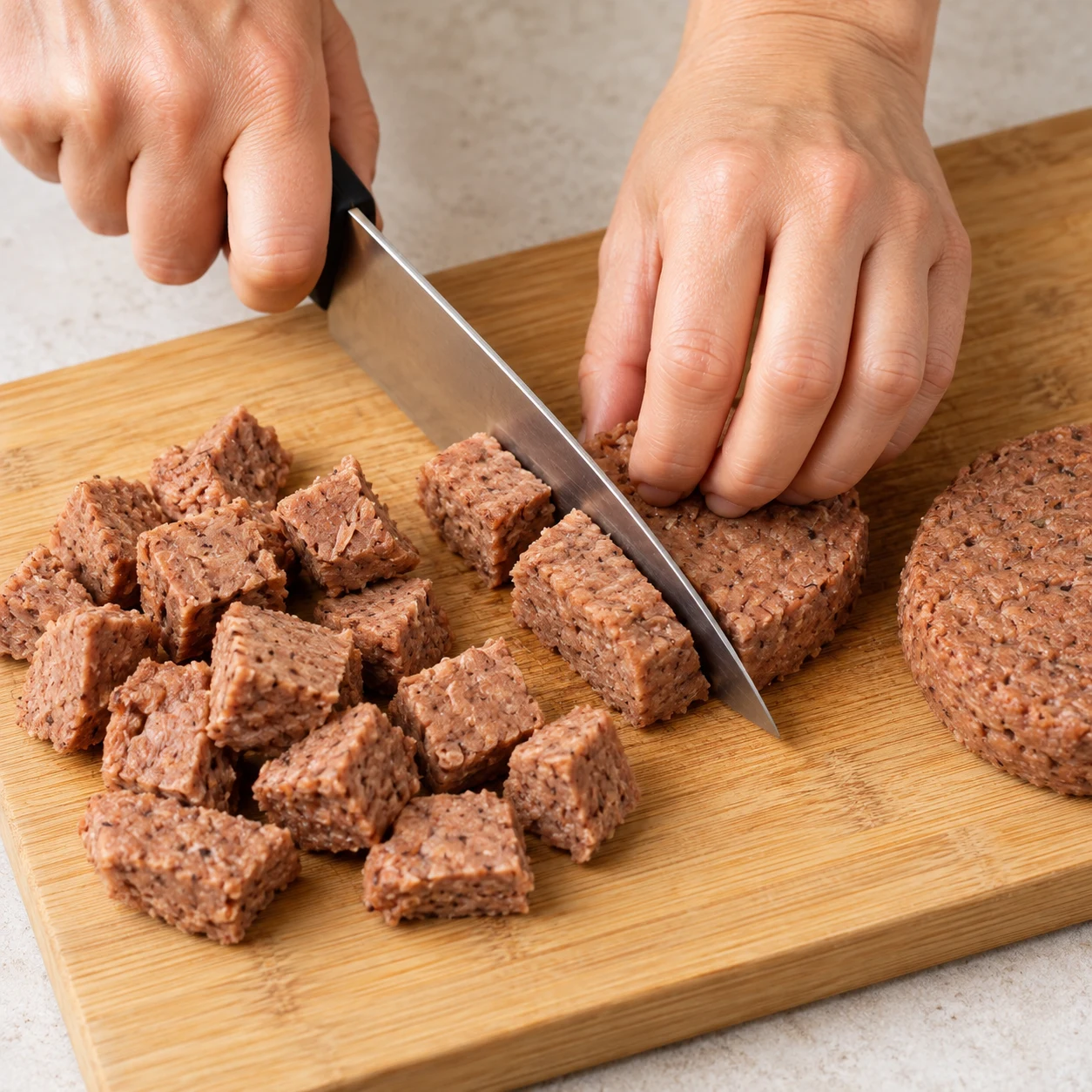Mains adultes anonymes découpant des steaks de protéines végétales brun rosé sur une planche stable, prise en griffe sûre.