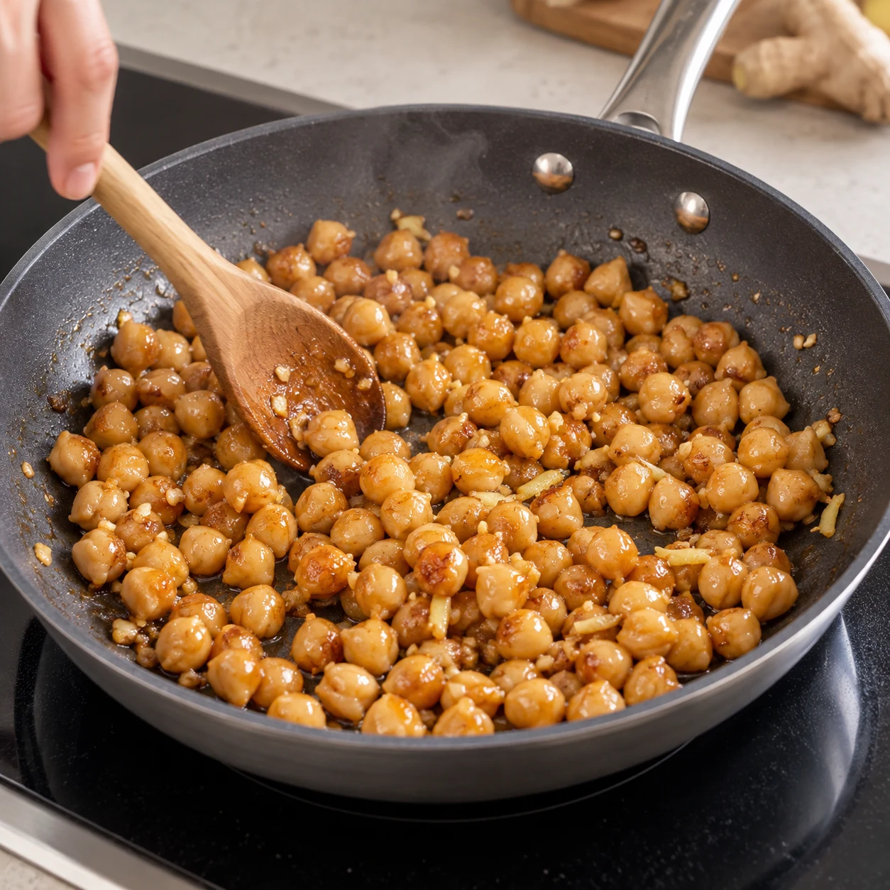 Pois chiches entiers marinés au soja dans une poêle, texture de grains, sans viande ni tofu.