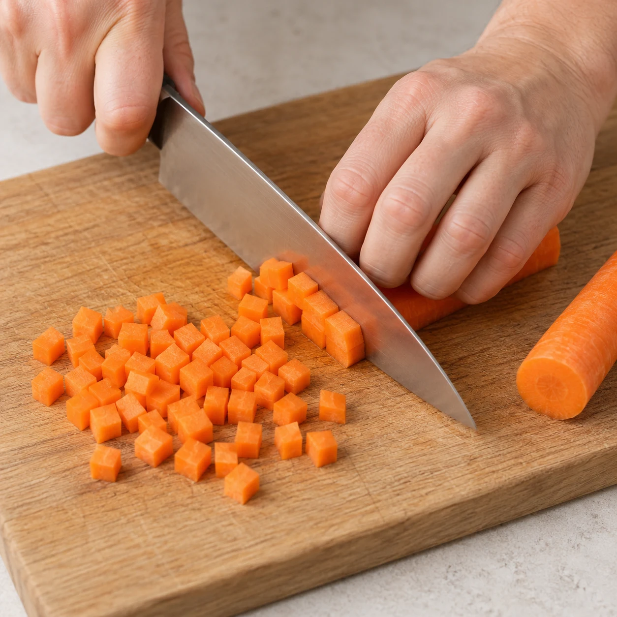 Main anonyme taillant une carotte en petits dés avec prise en griffe.