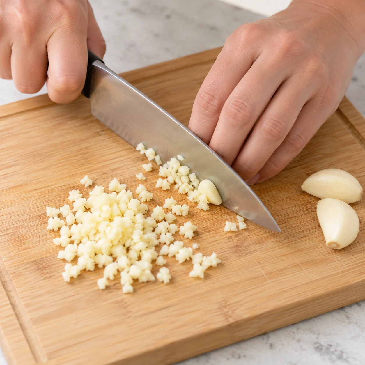 Hache les deux gousses d’ail sur une planche stable pour les répartir dans la sauce. Résultat : L’ail est réparti en petits fragments qui pourront se mélanger à la sauce.