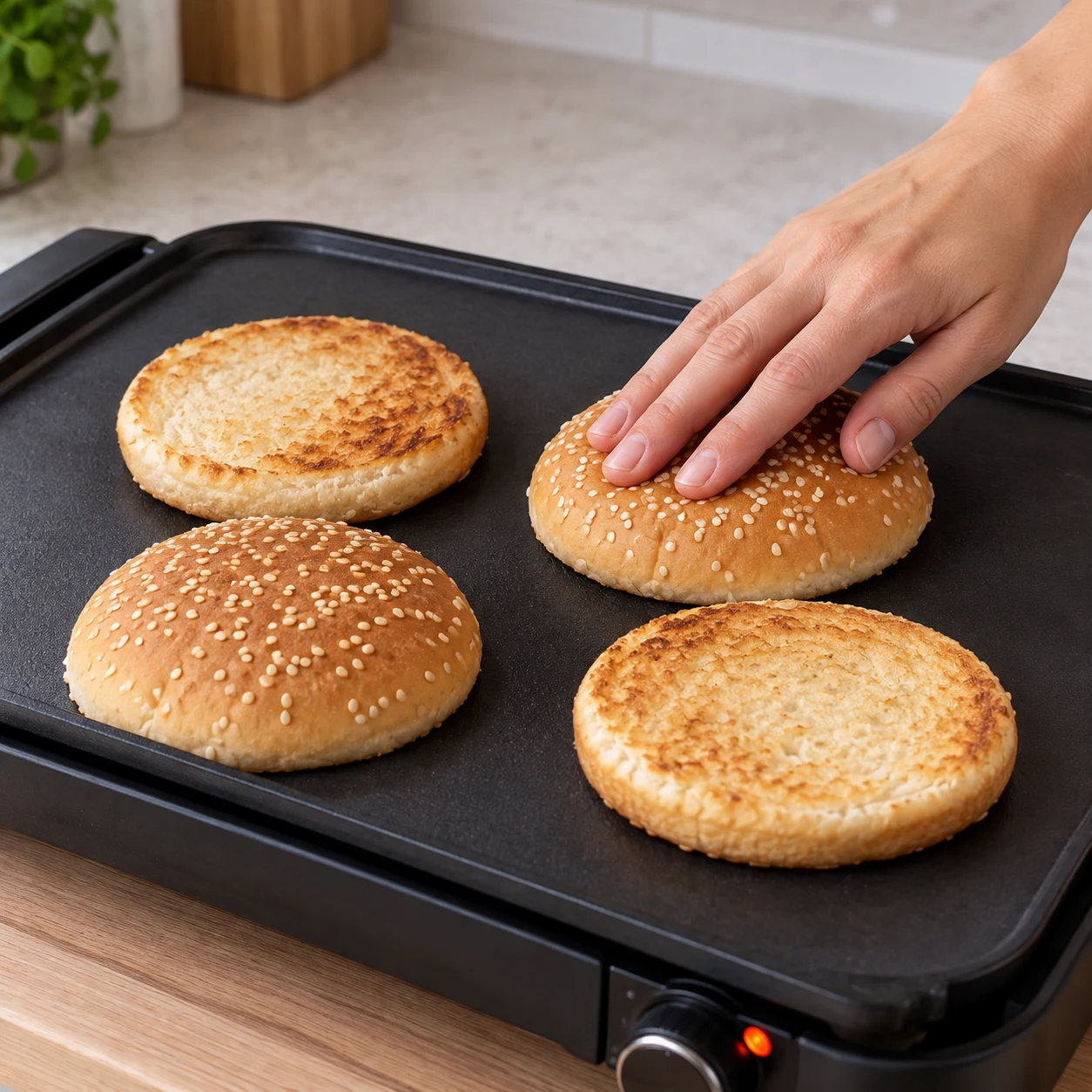 Demi-pains à burger grillant face coupée contre plaque.