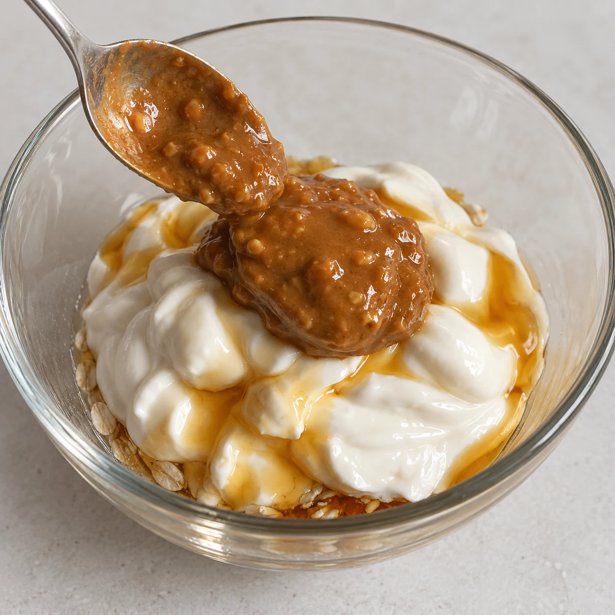 Une cuillère dépose une noisette de purée de cacahuète sur le yaourt, le sirop et les flocons.