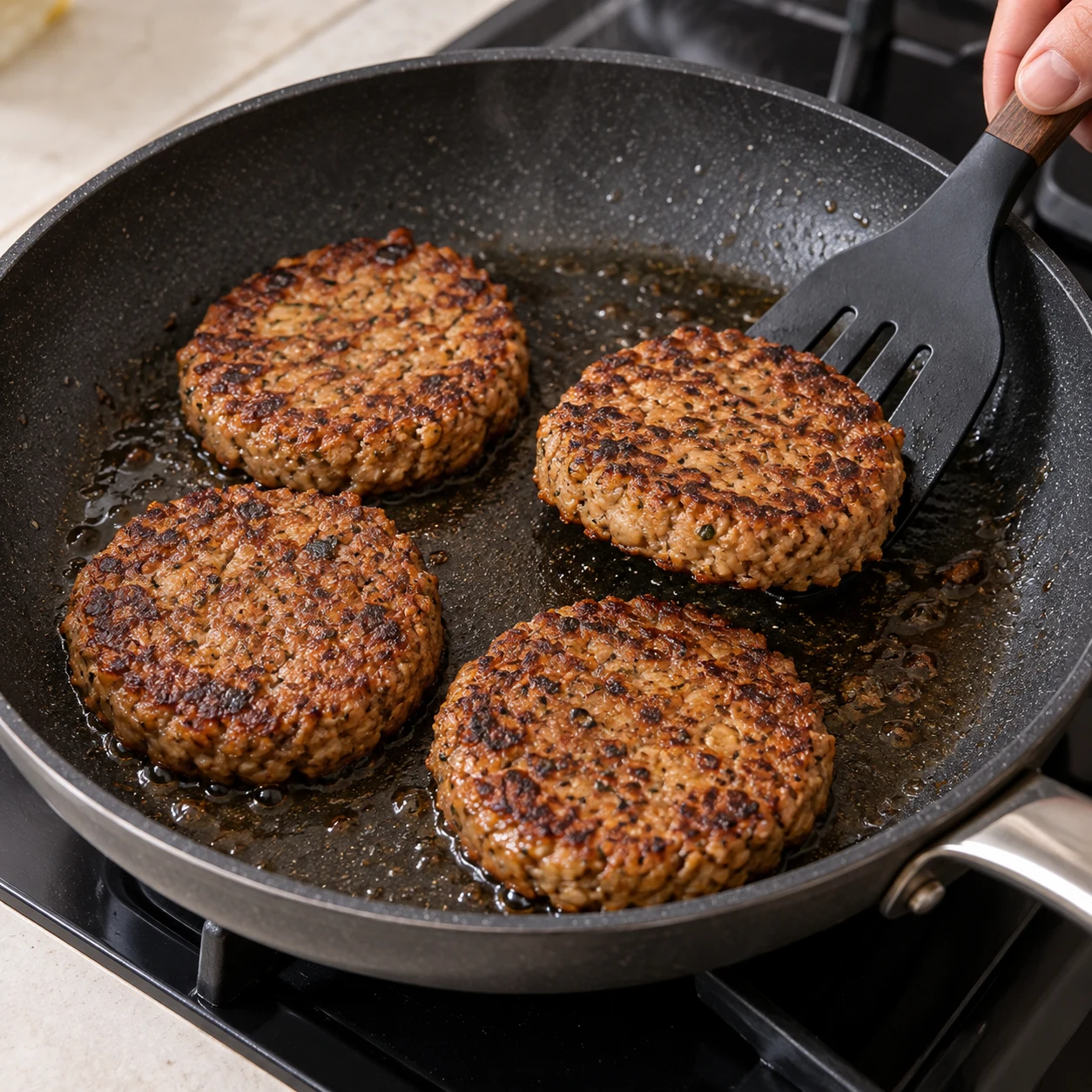 Des steaks végétaux dorent dans une poêle ; aucune chair de poisson.