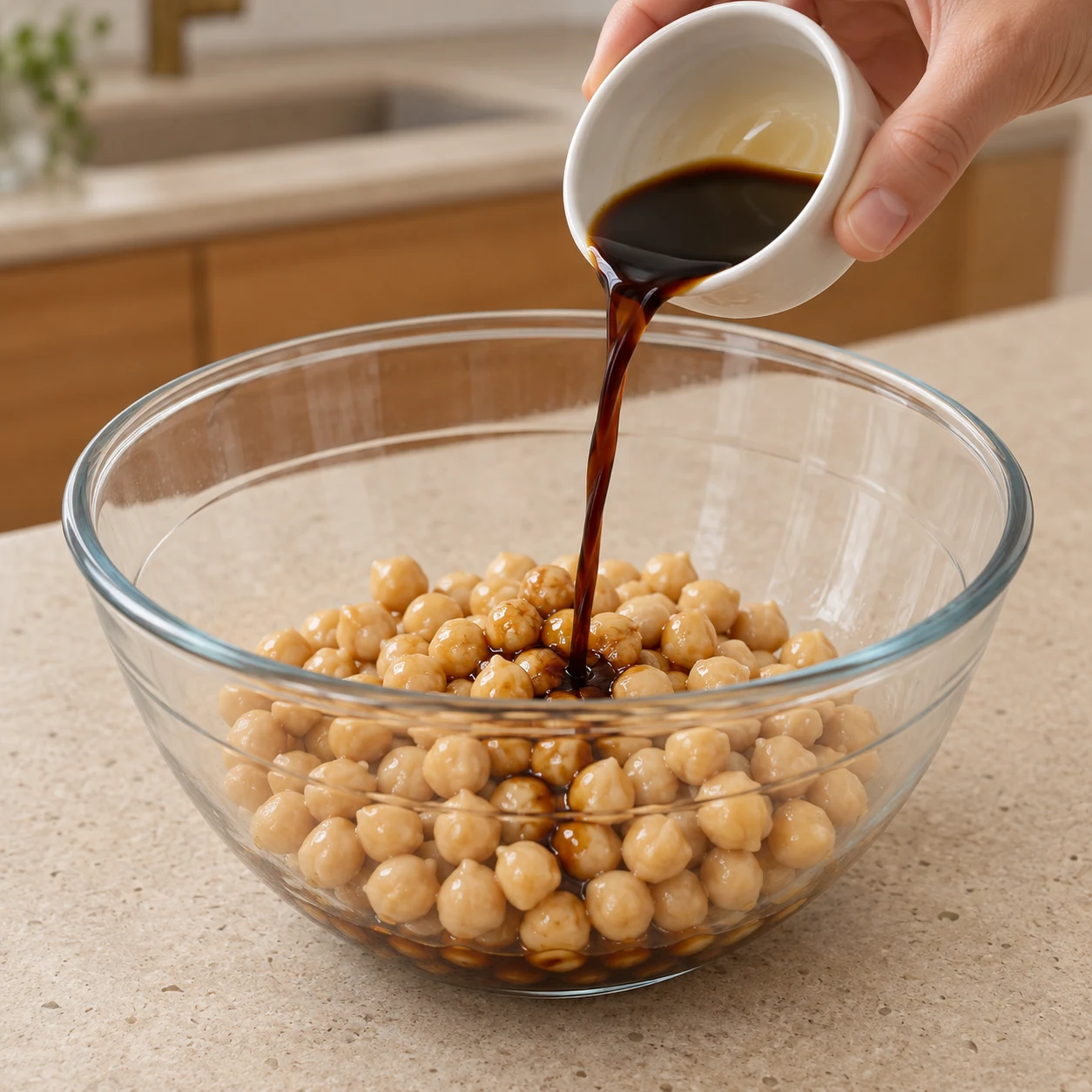 Liquide brun sauce soja salée versé sur les pois chiches légèrement huilés.