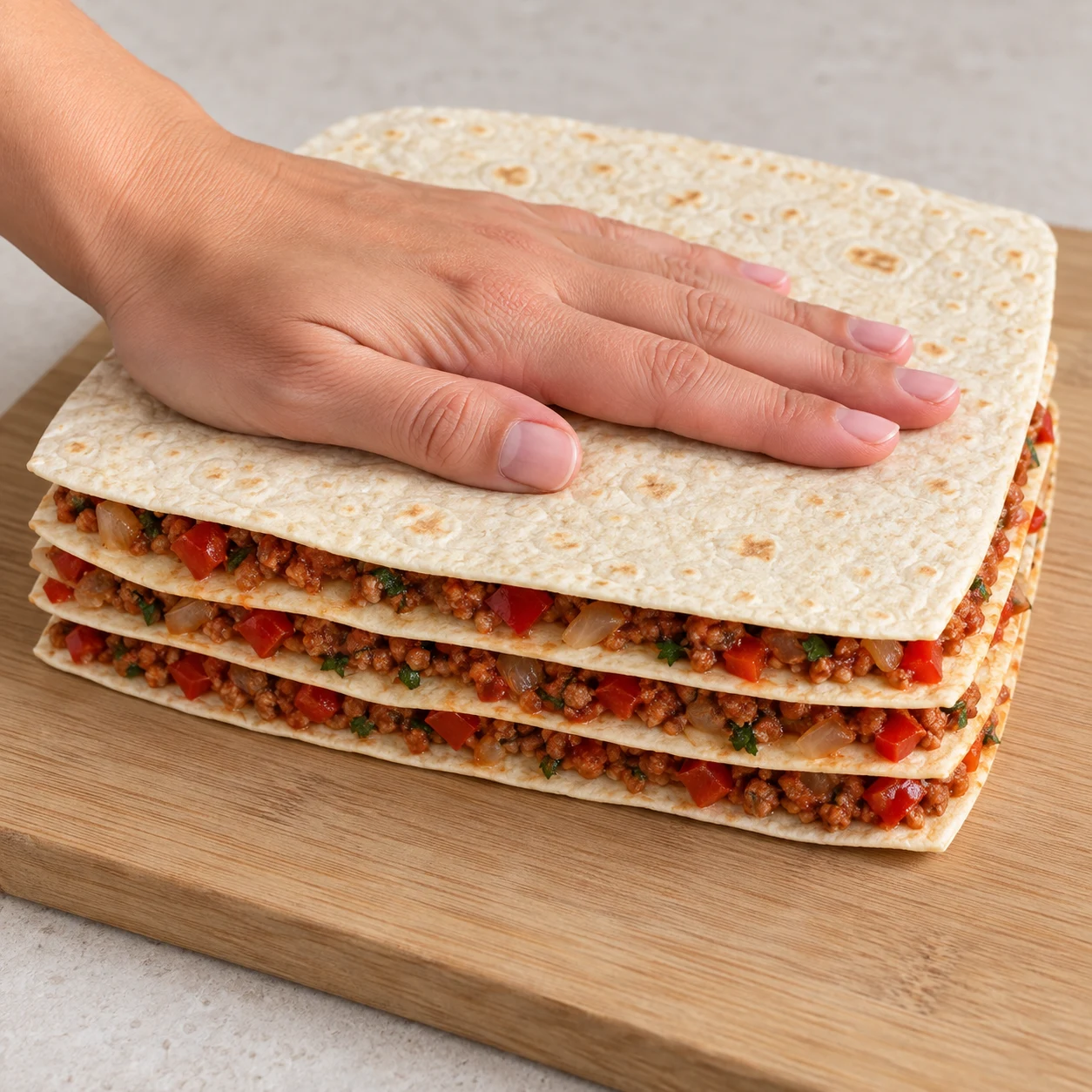 Superposez les quatre wraps garnis, ajoutez le cinquième wrap nature sur le dessus et aplatissez le montage pour faire adhérer les couches. Montrer uniquement cette phase, sans texte ni personne identifiable ; soja cuisiné brun-rouge émietté, jamais viande rose.