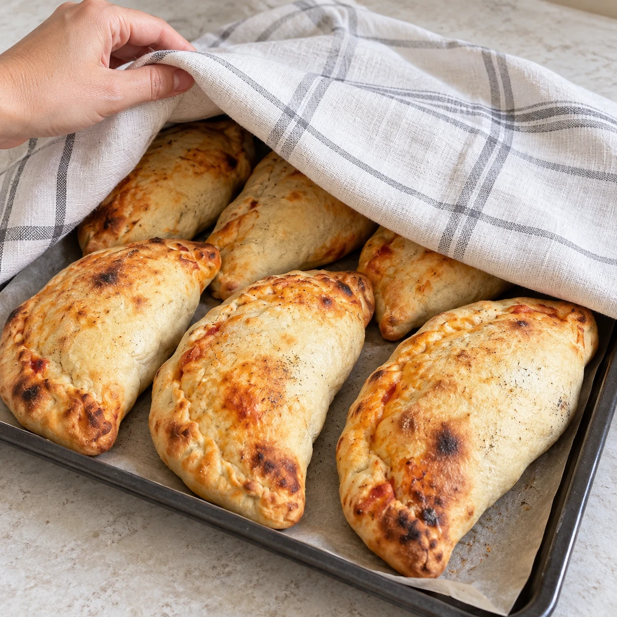 À la sortie du four, couvrez les calzones avec une serviette, comme indiqué dans la source.