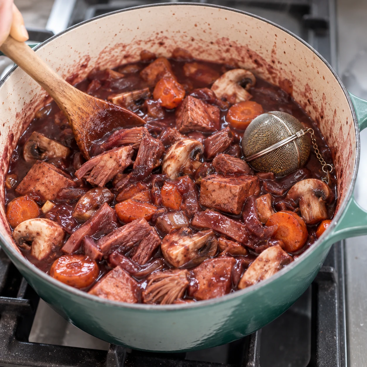 Poursuis la cuisson à feu moyen pendant les 20 minutes restantes pour atteindre 40 minutes de cuisson au total. Montrer seulement les ingrédients présents à cette étape, fidèles à la capture source, dans un cadre de livre de cuisine neutre sans visage, texte ni marque. Adaptation validée : représenter des champignons de Paris blancs et une boule à épices contenant les herbes de Provence, uniquement lorsqu’ils sont présents dans cette étape.