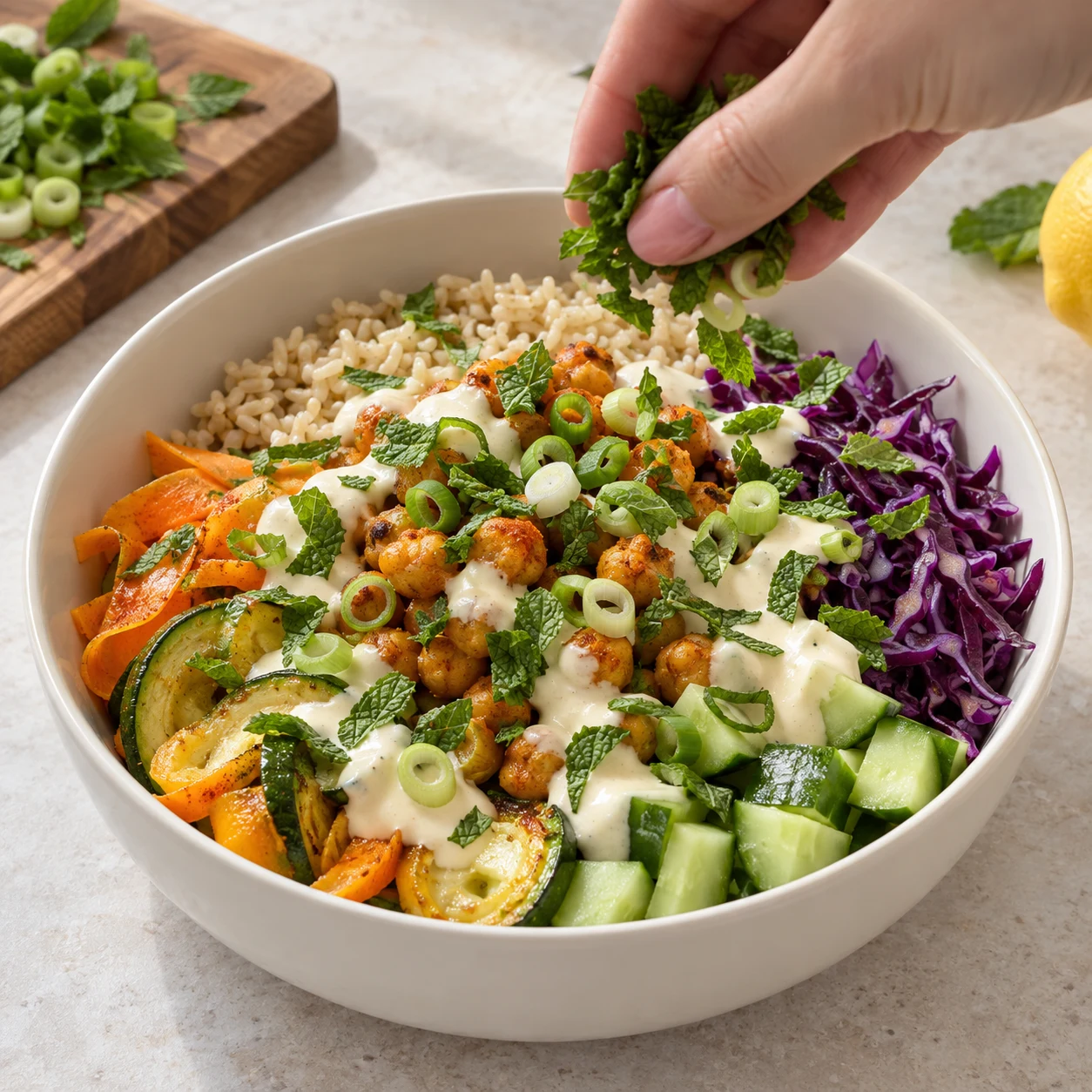 Photographie d’une seule action : Parsème le bowl d’un petit peu de menthe et de cébette ciselée. Résultat attendu : Les feuilles vertes sont réparties sur le dessus. Adaptation entièrement végane ; pois chiches entiers, aucun crustacé ni produit laitier.