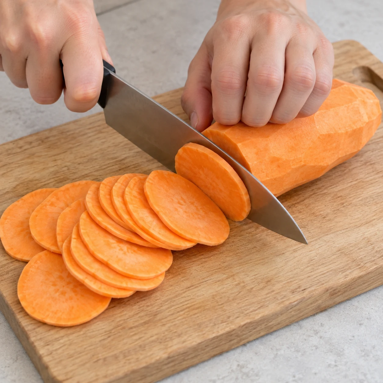 Coupe les 200 g de patate douce épluchée en fines rondelles sur une planche stable, en gardant les doigts repliés. Montrer seulement les ingrédients de cette étape ; adaptation végétale, aucun saumon ni produit laitier.