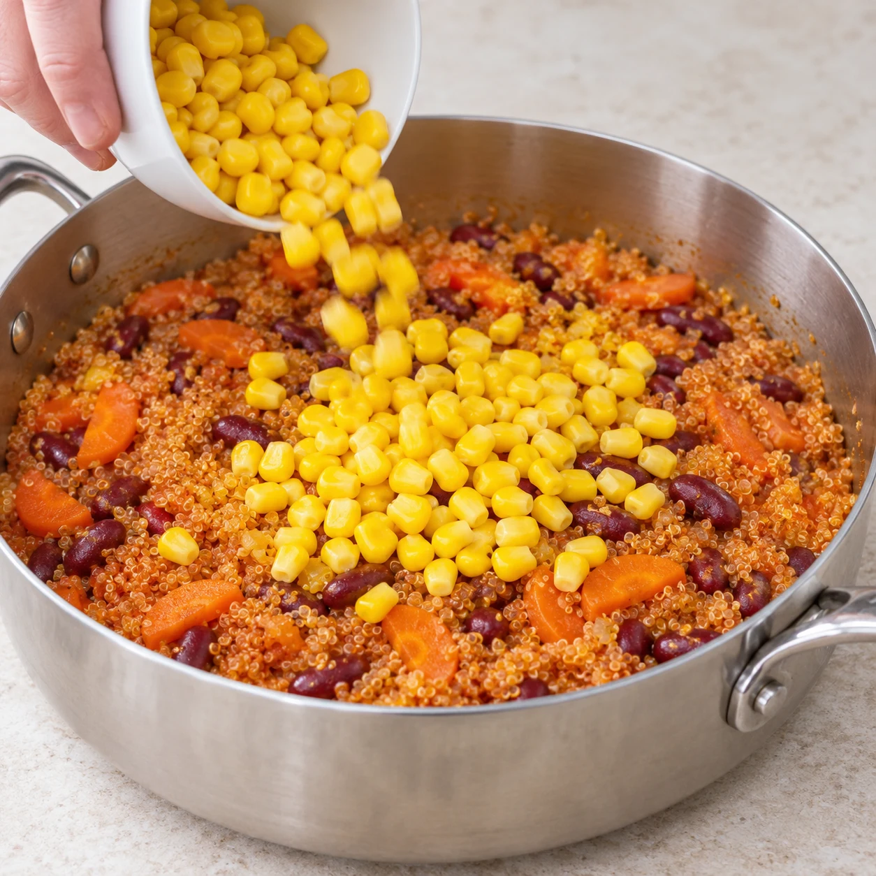 Maïs jaune ajouté sur quinoa gonflé orange avec carottes et haricots rouges.