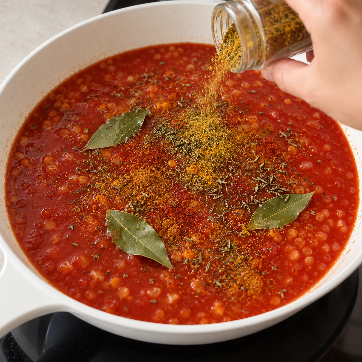 Poêle blanche remplie de lentilles corail couvertes de coulis de tomate rouge lisse, une main adulte qui saupoudre des épices depuis un petit pot, feuilles de laurier vertes sur la sauce.