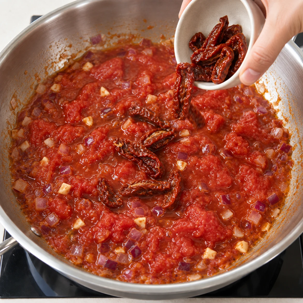 Ajoute quelques tomates séchées à la préparation, telles que montrées dans la poêle. Montrer uniquement les ingrédients présents à cette étape.