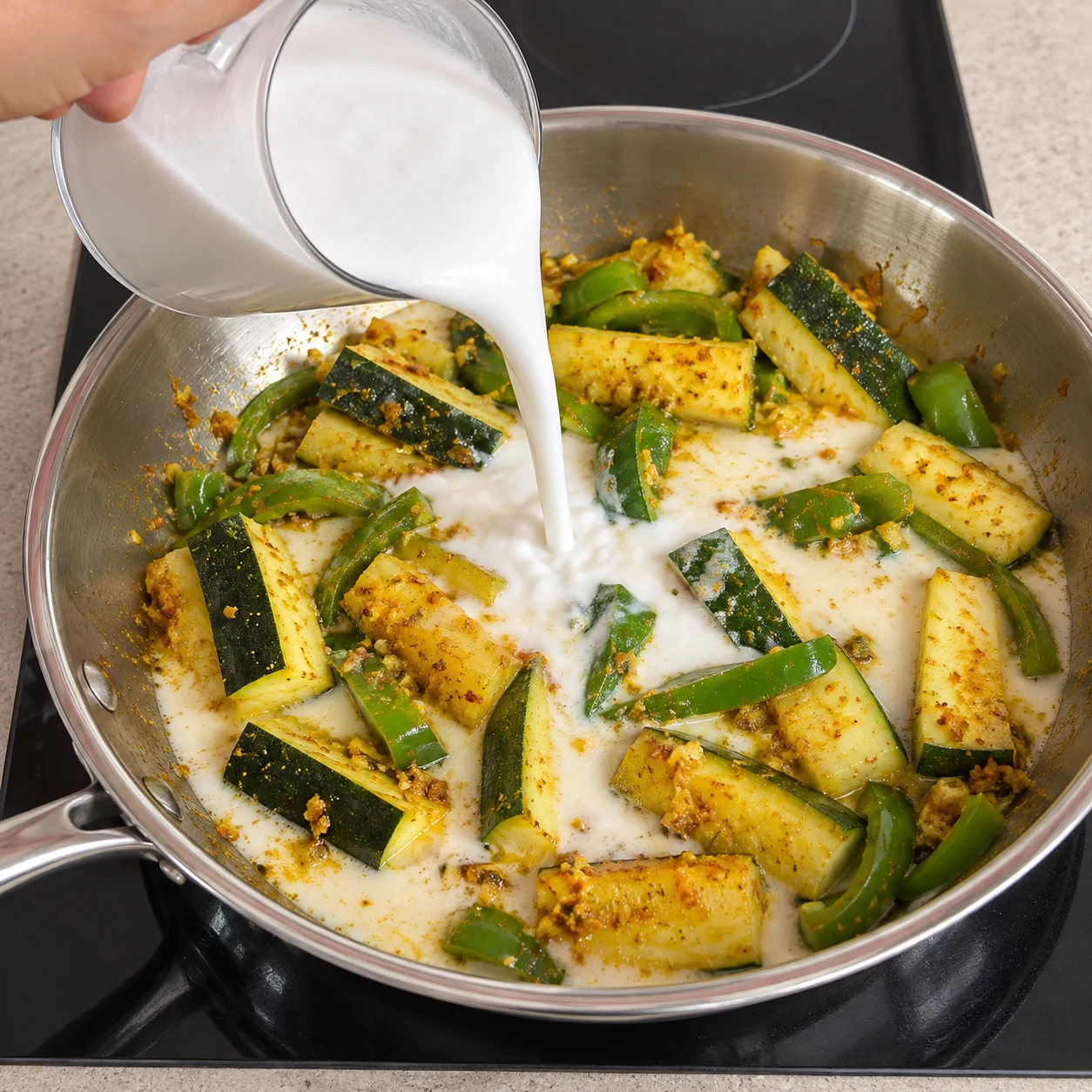 Crème de coco blanche versée sur les légumes aux épices.
