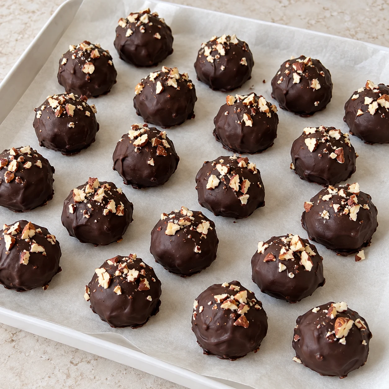 Boulettes finies avec enrobage sombre mat et quelques éclats d’amandes sur une assiette blanche, aucune main.