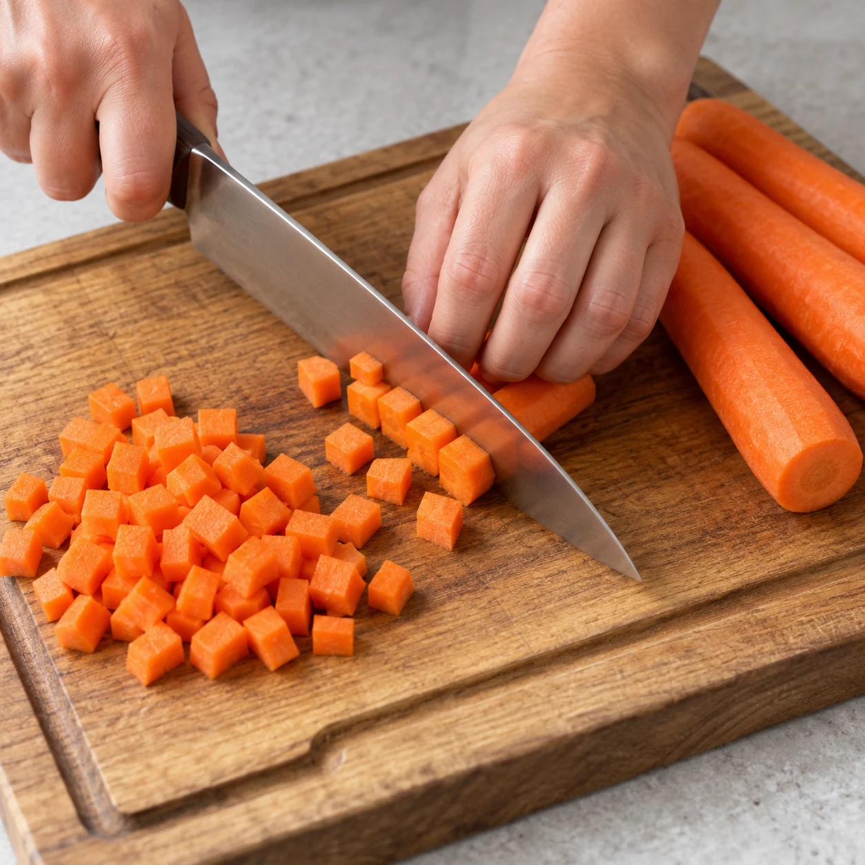 Coupe active de carottes en petits dés, doigts en griffe, planche stable.