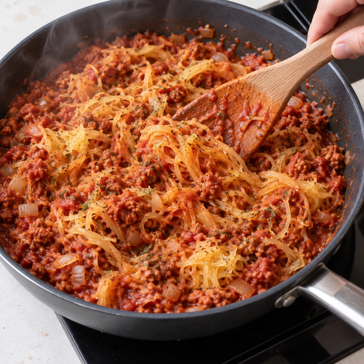 Spatule mélangeant filaments courge jaunes avec sauce tomate soja oignon en poêle.