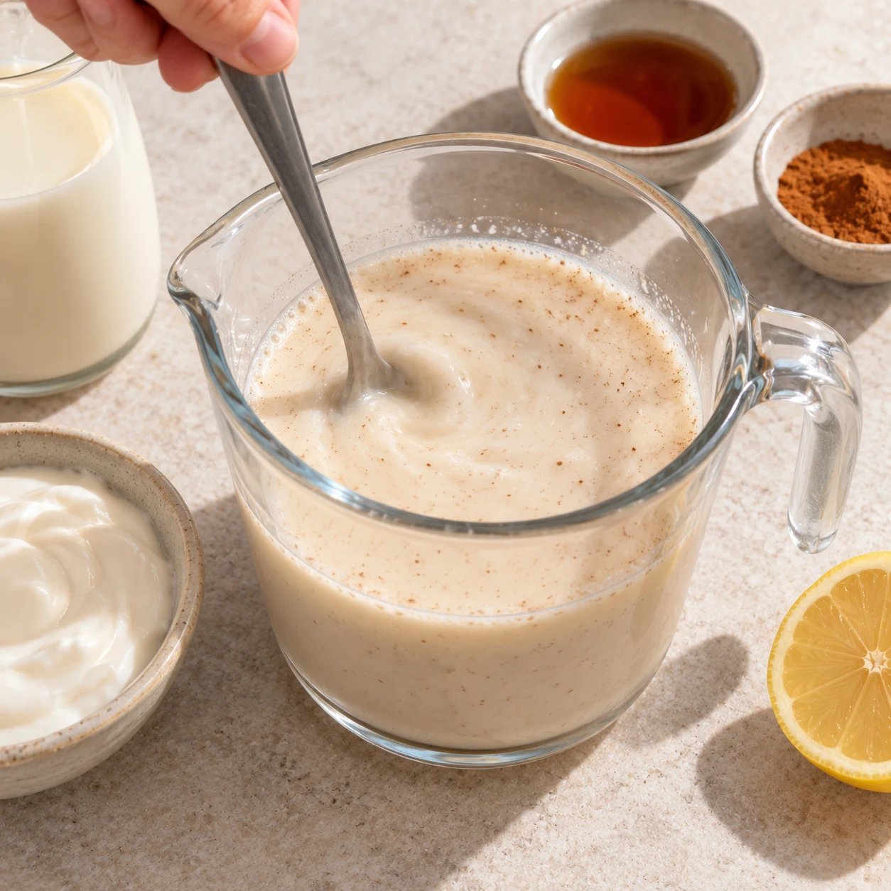 Cuillère mélangeant le liquide blanc légèrement beige dans un pichet en verre.