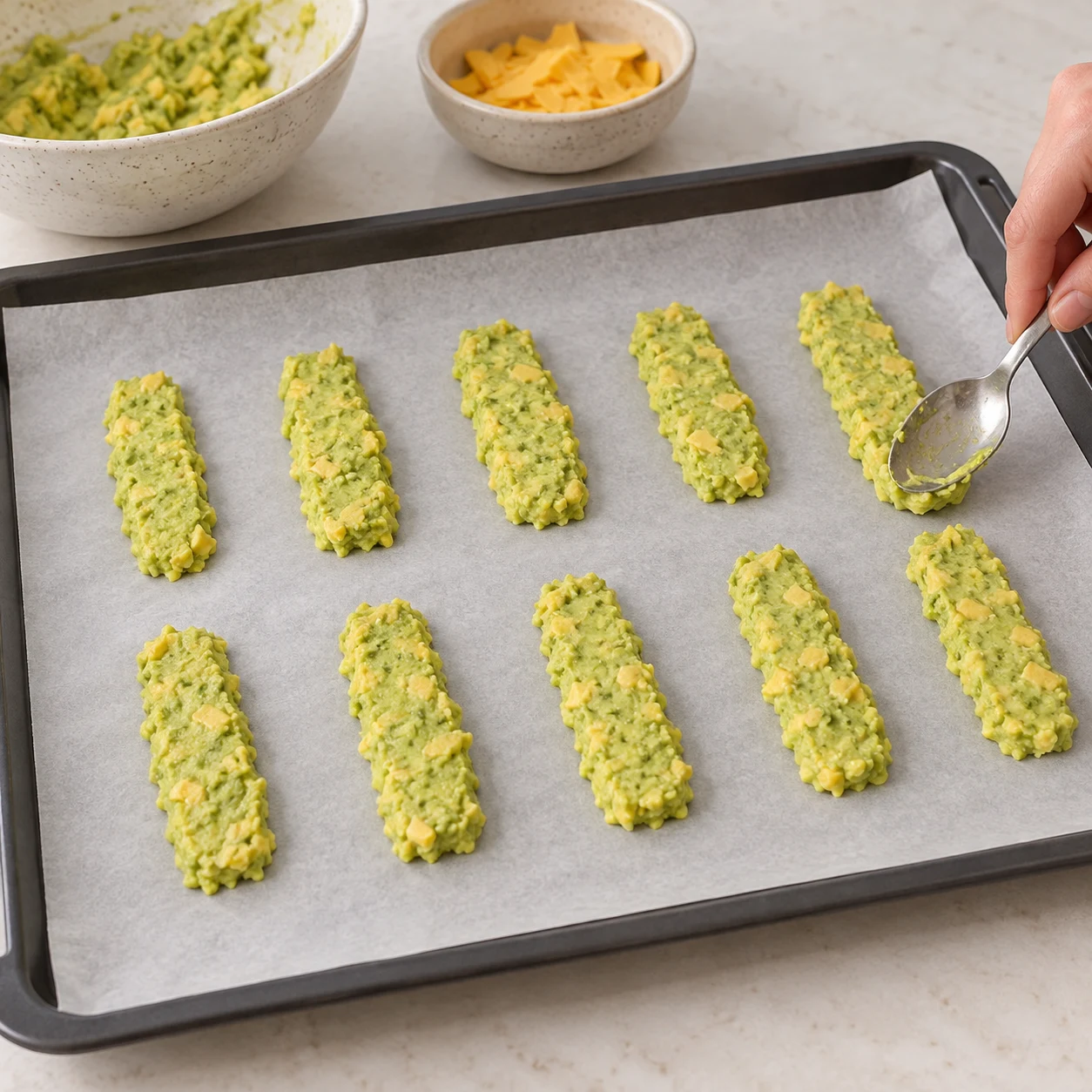 Cuillère façonnant dix bâtonnets verts plats espacés sur papier cuisson, mélange final uniquement.