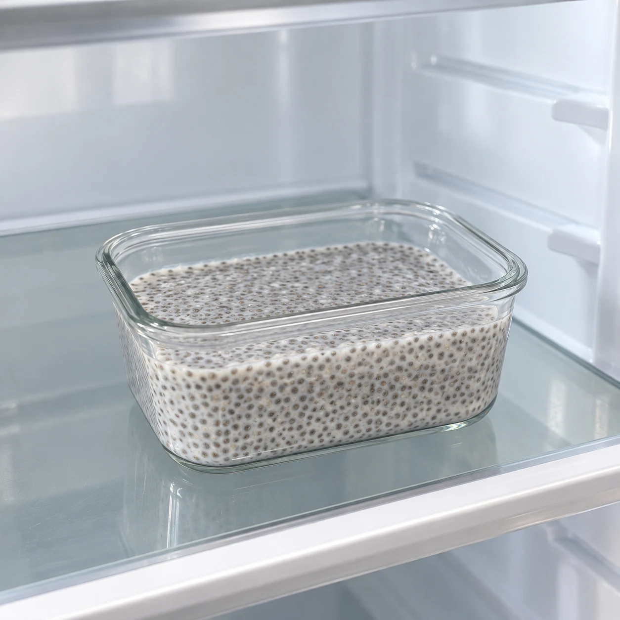 Récipient de pudding chia-lait végétal-agave au frais sur une étagère propre de réfrigérateur, sans autre nourriture.