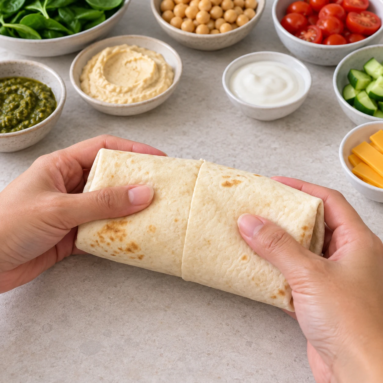 Deux mains anonymes fermant le wrap comme la recette d’origine.