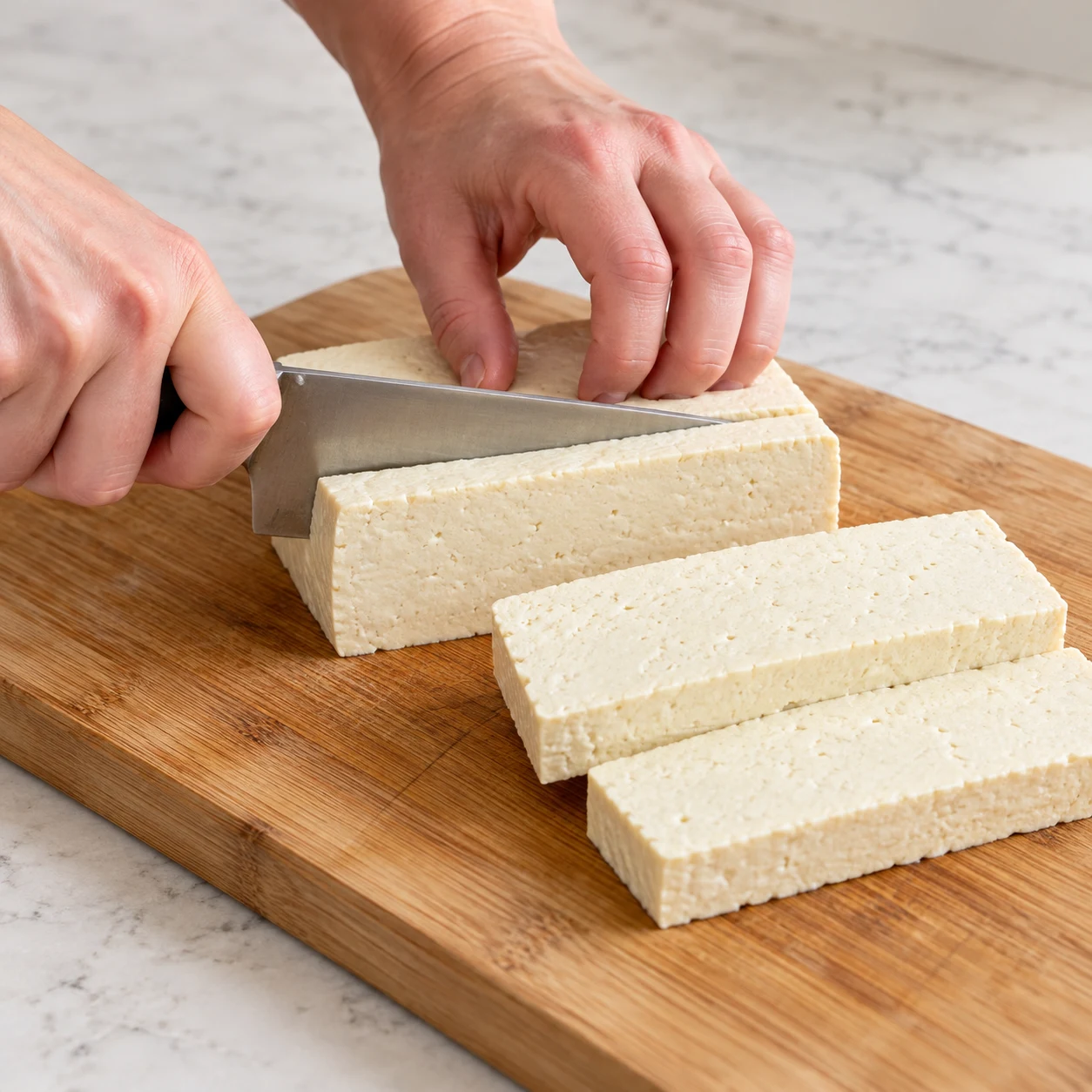Une main anonyme tient le tofu sur une planche stable avec prise en griffe ; l’autre coupe le bloc dans sa longueur. Référence : aspect du tofu cru, geste décrit dans la recette d’origine.