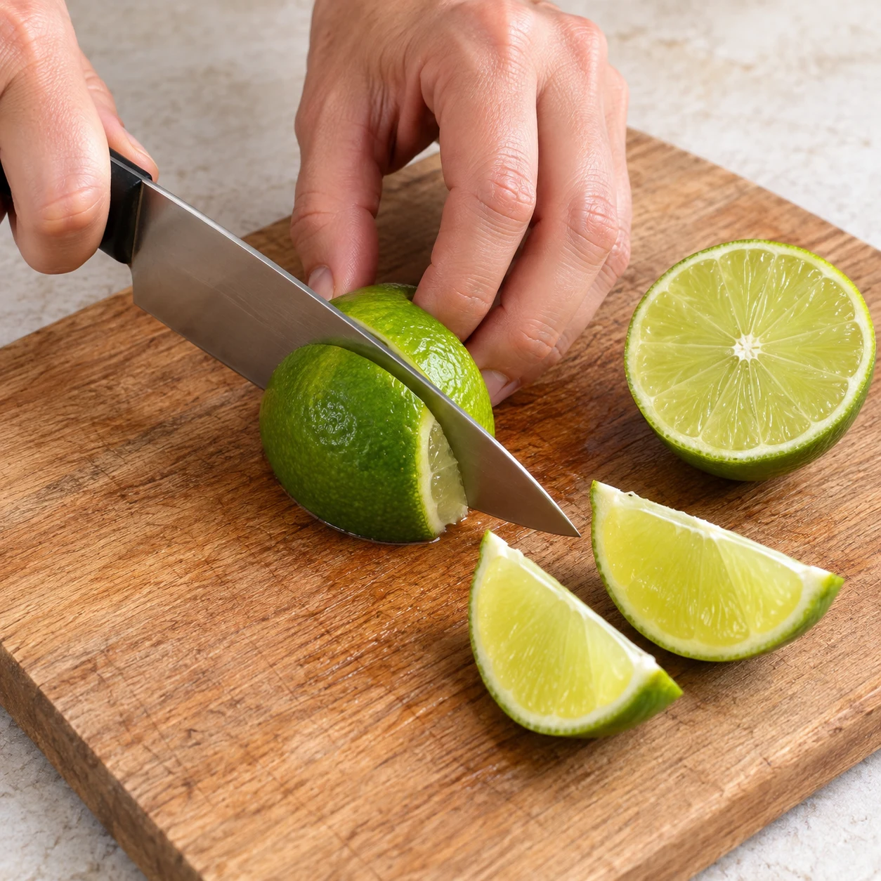 Coupe sûre d’un citron vert sur une planche ; quartiers et moitié prêts pour le jus et le service.