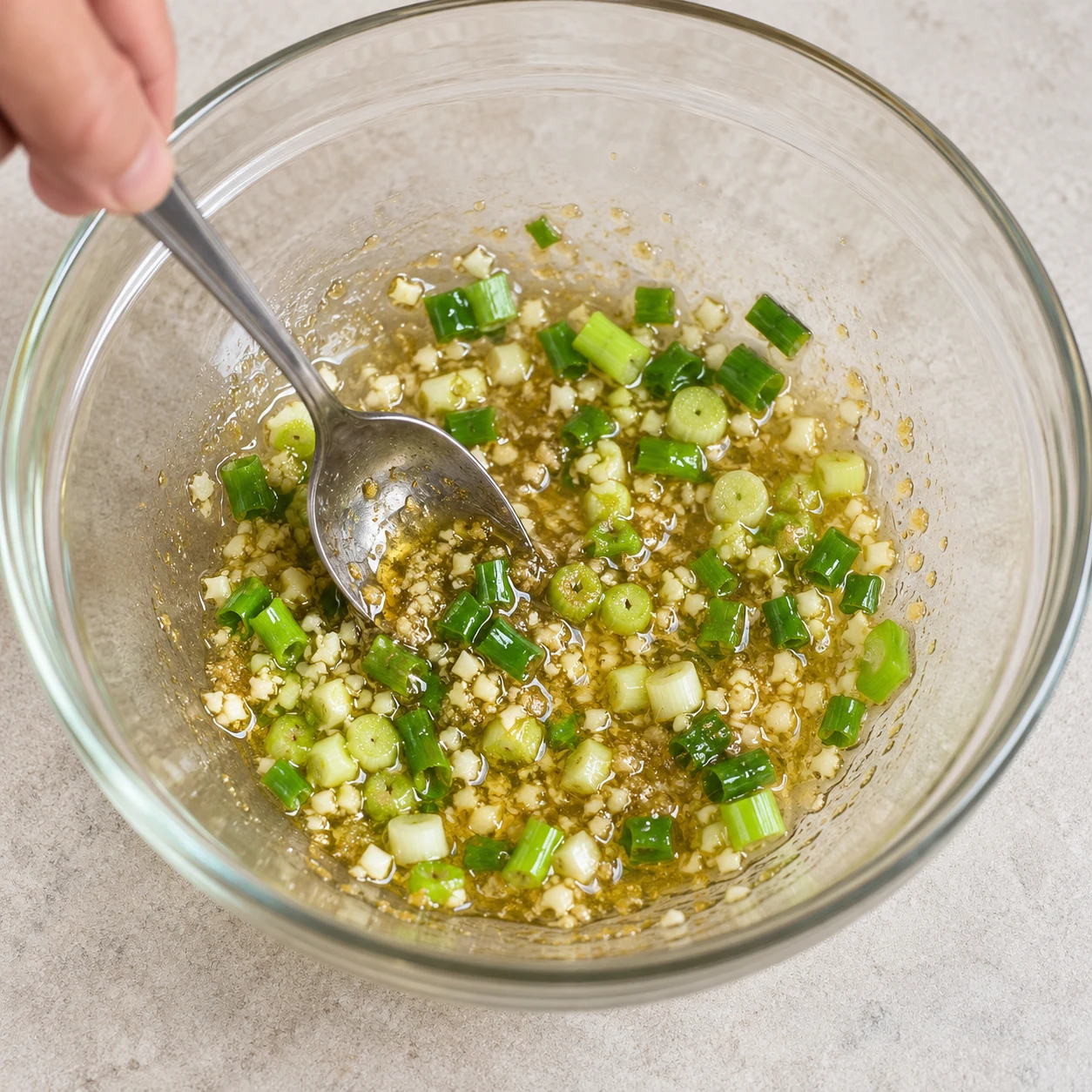 Cuillère mélangeant uniquement les aromates huilés au fond du bol.