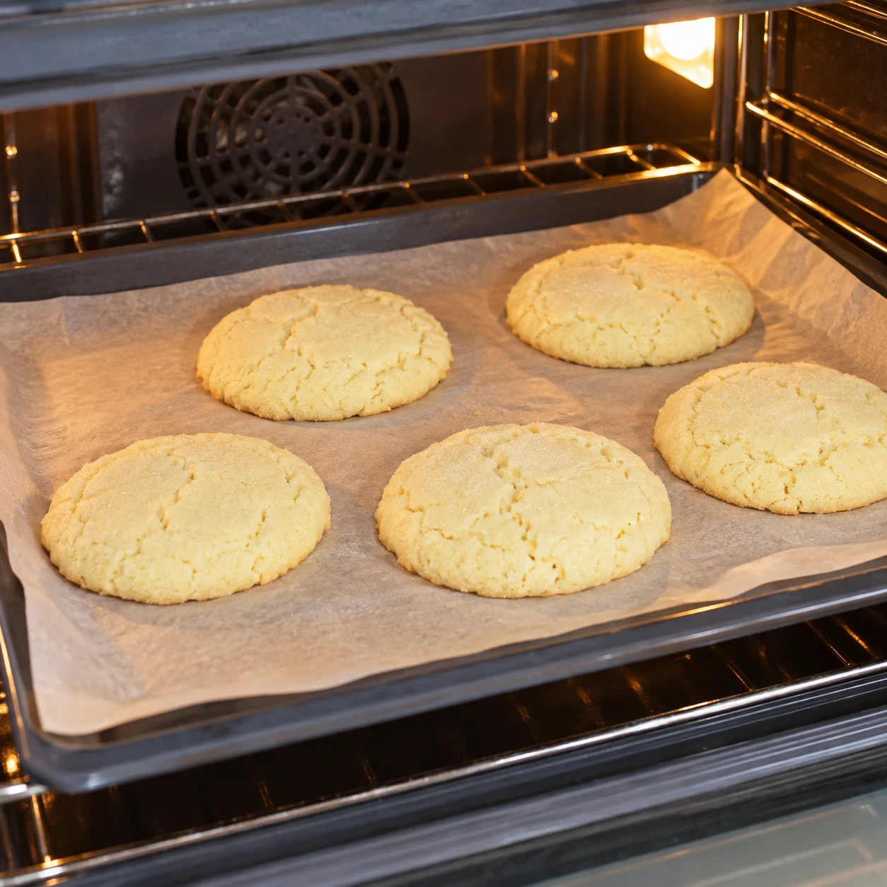 Plaque de cookies citron pâles et légèrement craquelés dans un four.
