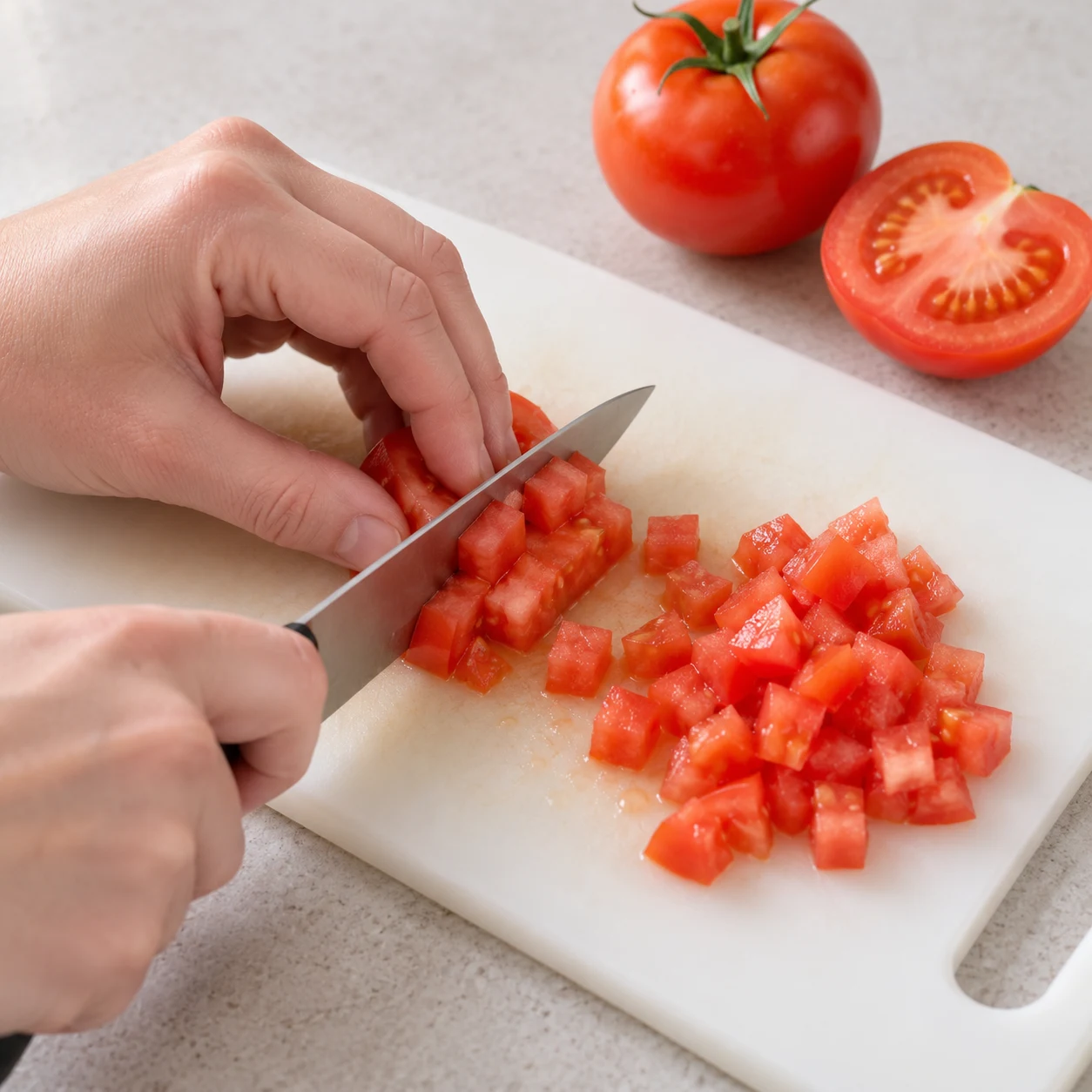 Coupez les 30 g de tomate en petits dés sur une planche stable. Montrer uniquement les ingrédients de cette phase sur pierre pâle, vaisselle blanche neutre.