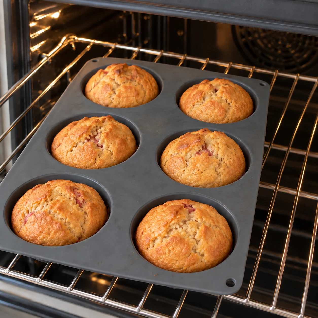 Six muffins dorés dans un moule silicone gris posé sur la grille d’un four ouvert.