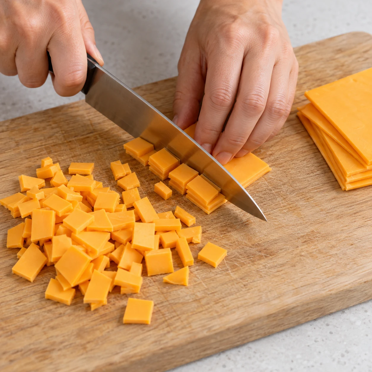 Une main adulte anonyme découpe des tranches orange de cheddar végétal en petits morceaux sur une planche stable.