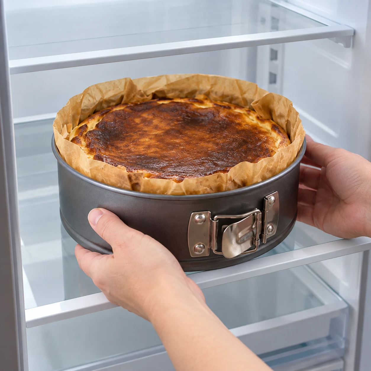 Cheesecake entier refroidi dans son moule et son papier cuisson, sur une étagère de réfrigérateur.