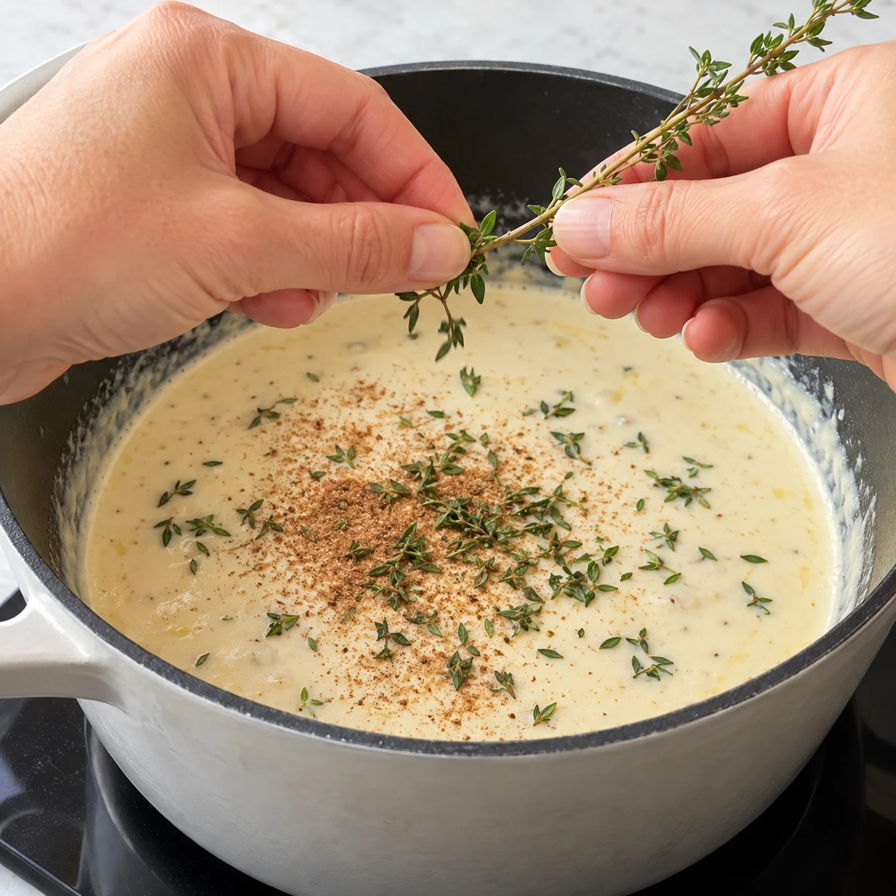 Deux mains anonymes effeuillent du thym frais au-dessus d’une sauce crémeuse parsemée de muscade, sans ail ni lanières végétales à ce stade.