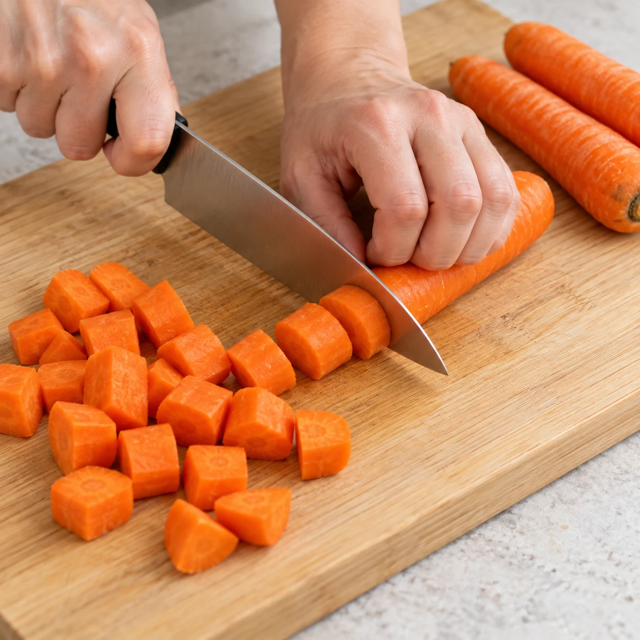 Couper les carottes : Les morceaux de carotte ont une taille régulière comparable à celle des cubes montrés dans la cuve.