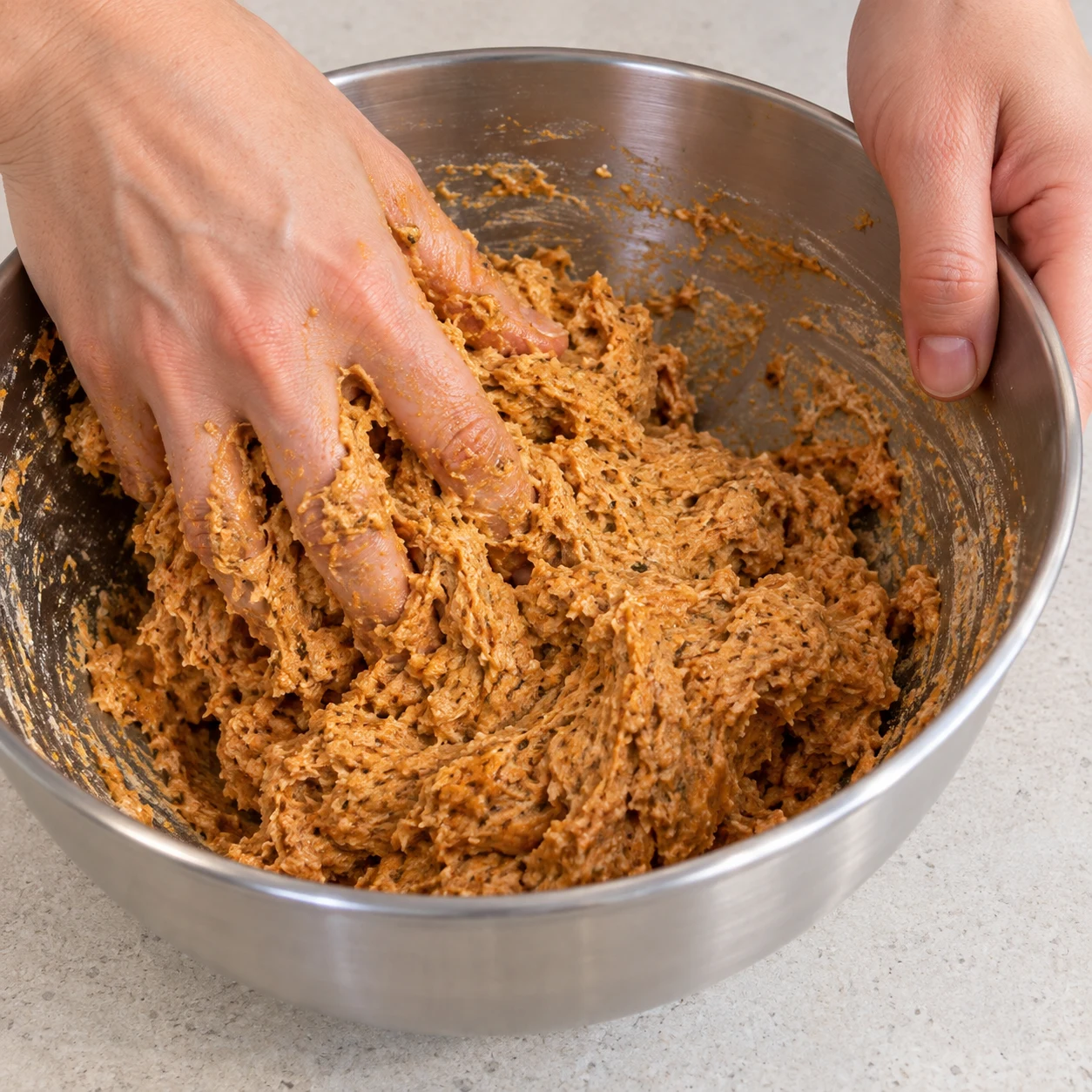 Mains adultes anonymes mélangeant sauce et poudre de gluten dans un saladier.