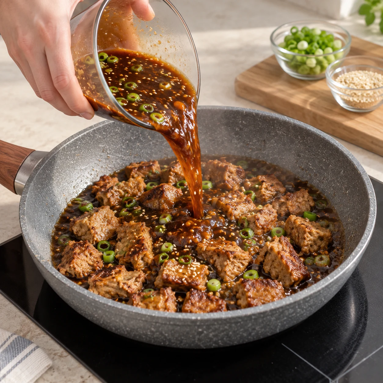 Versez la sauce préparée sur les bouchées dorées dans la poêle. La protéine est un steak de pois à texture hachée dense, brun rosé avant cuisson, brun doré après cuisson, en morceaux irréguliers de l’épaisseur d’un steak ; jamais du tofu blanc.