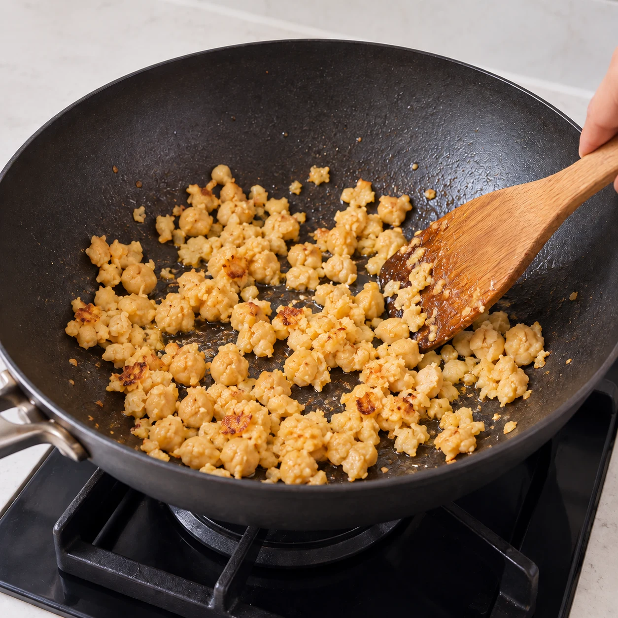 Une seule photo carrée montrant faire revenir les pois chiches. Les éclats de pois chiches sont chauds et légèrement dorés, sans être desséchés. Seulement les ingrédients déjà présents : Pois chiches cuits égouttés, Huile de tournesol. Les éclats sont beige de pois chiches, sans œuf, sans tofu et sans purée lisse.