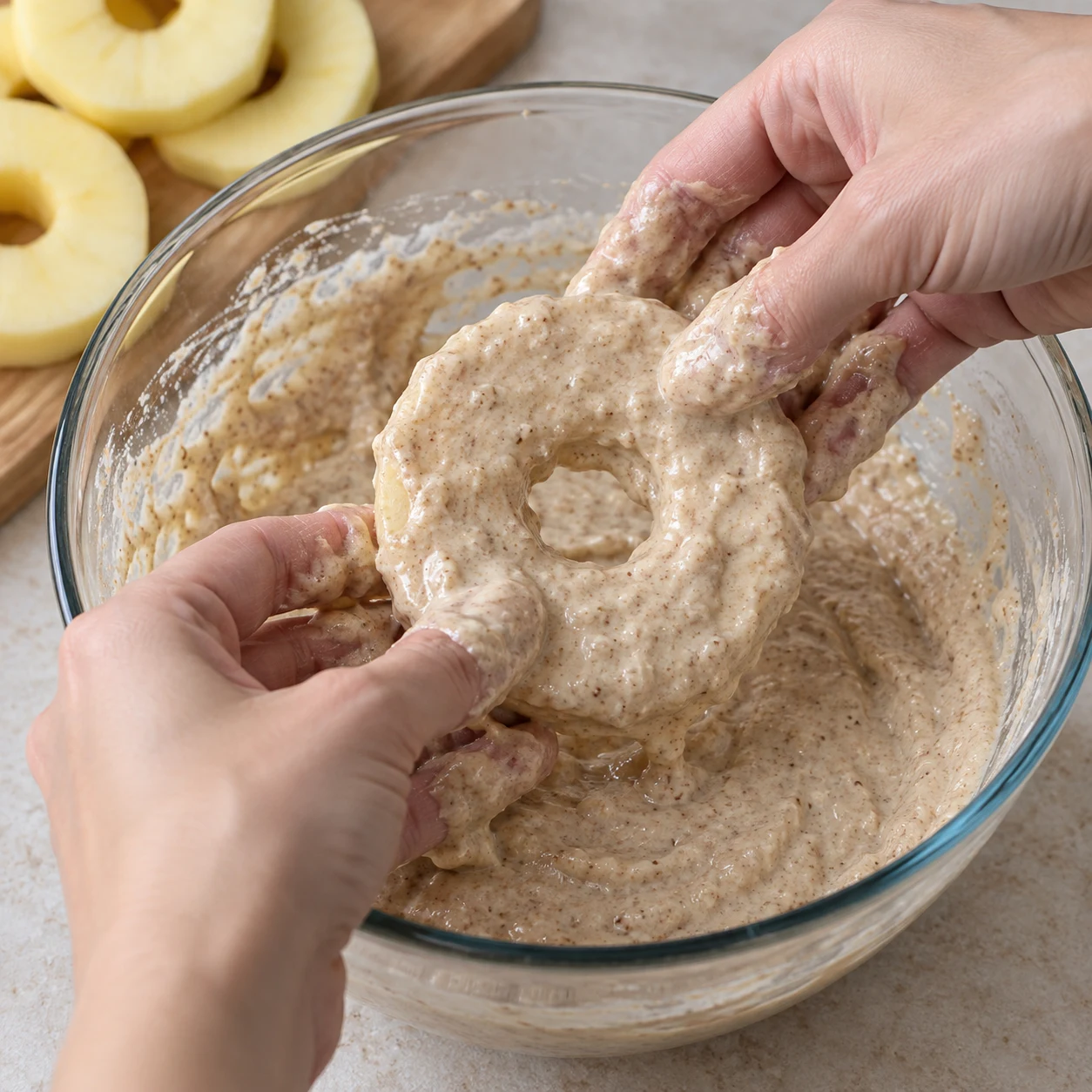 Deux mains anonymes enrobant un anneau de pomme dans le saladier de pâte épaisse beige.