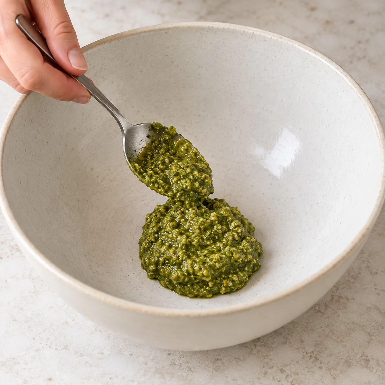 Dépose les 48 g de pesto au miso au fond du saladier.