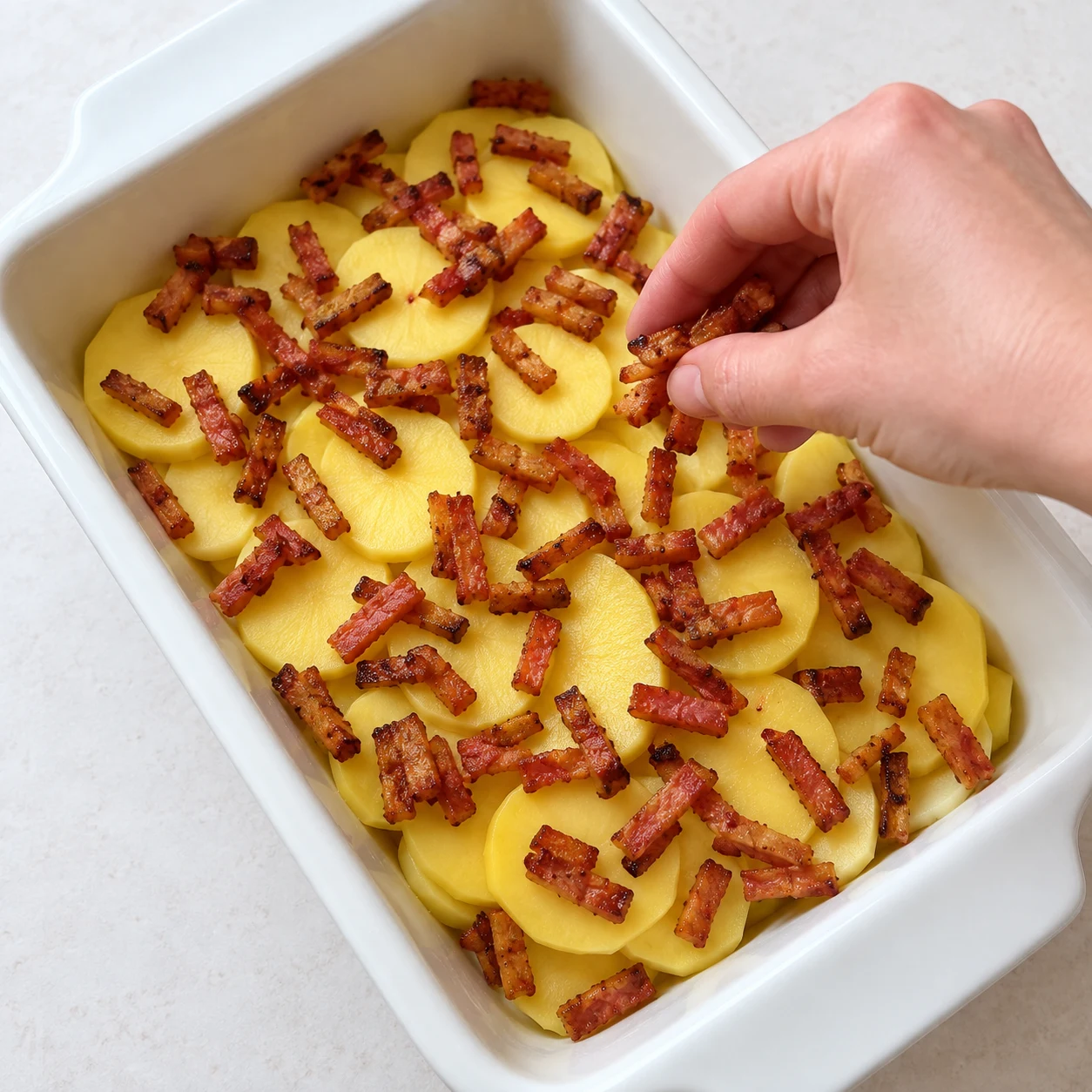 Répartir les petits bâtonnets de lardons végétaux sur les rondelles crues de pommes de terre.